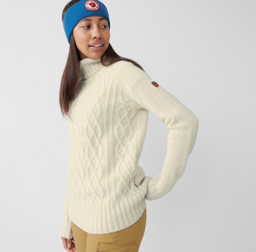 Fjallraven Ovik Cable Knit Roller Neck Turtleneck Sweater Cream Wool XS